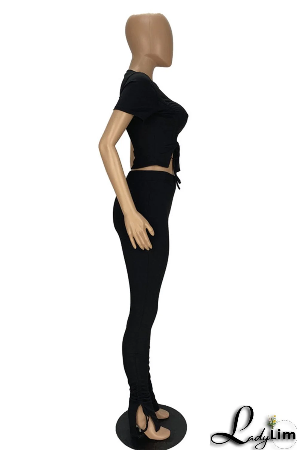 Khaki Fashion Casual Solid Draw String Frenulum O Neck Short Sleeve Two Pieces