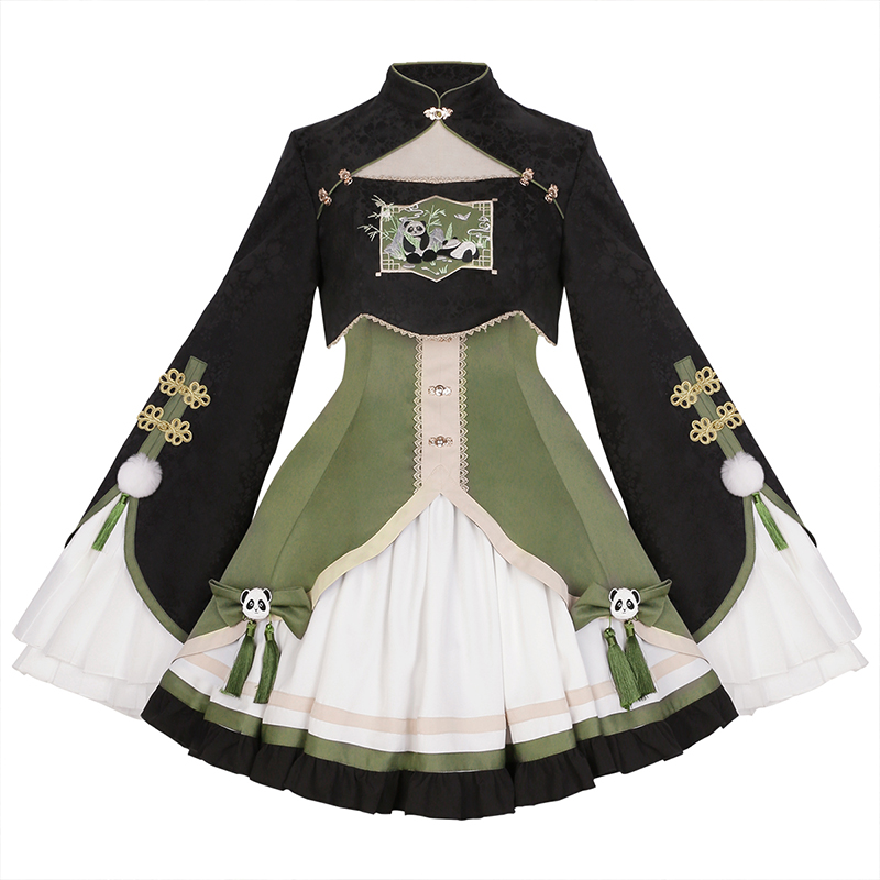 Original Autumn And Winter Lolita Kung Fu Rolling Panda Chinese Wind Plate Buckle Short Top Long -sleeved Dress