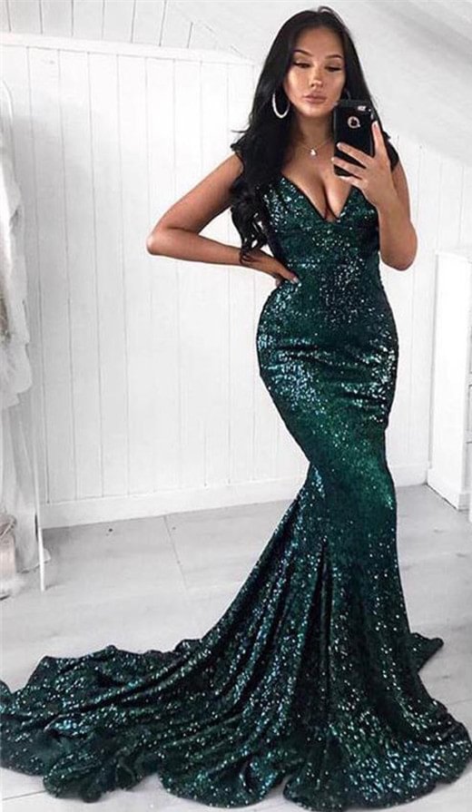 Bellasprom Dark Green Sequins Sleeveless Mermaid Evening Gown Online V-Neck