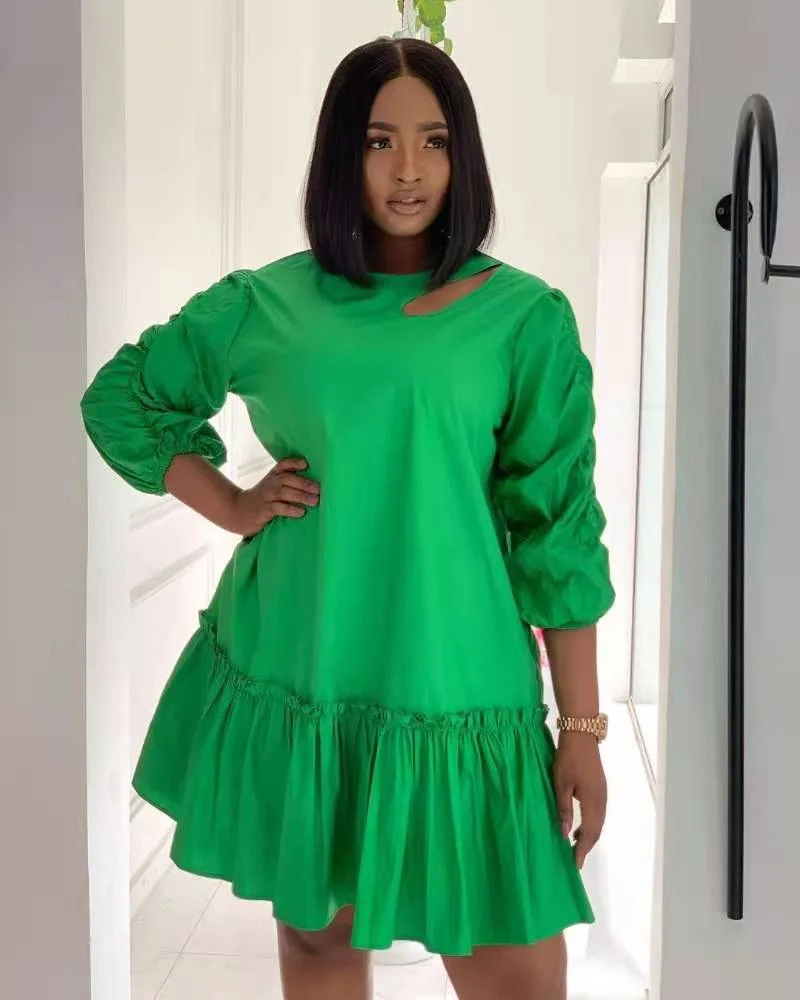 CM.YAYA Women Dress Solid Full Puff Sleeve O-neck Cut Out Zip Ruffles Loose Mini Dresses Fashion Casual Vestidos Summer Outfits