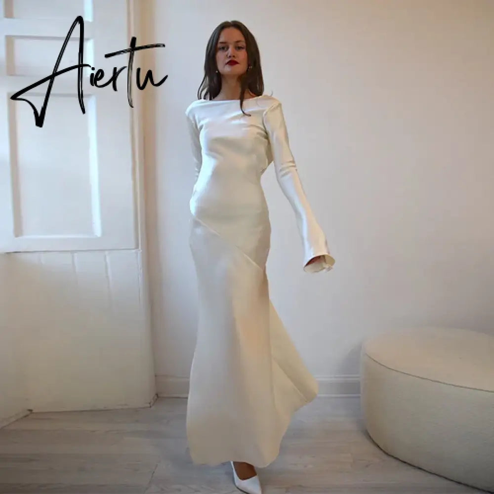 Elegant Women's Autumn Evening Dress Backless Long Sleeve Solid Satin Split Maxi Dress Femme Chic Slim Party Dresses Aiertu