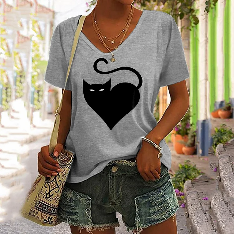 Casual Love Cat Print T-Shirt