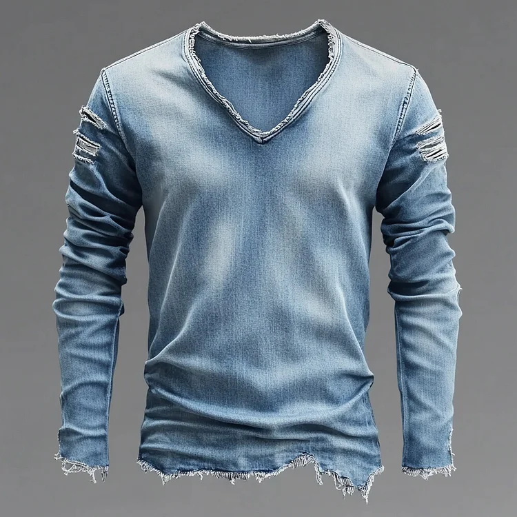 Men's Denim Ripped Raw Edge V Neck Long Sleeve T-Shirt