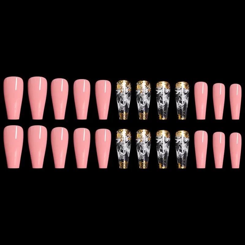 24pcs/set Long Coffin Fake Nails Pre-design Foils Decal Pink Orange Full Cover Nail Art Tips Ballerina Acrylic False Nails 515-1-Nail Inspo