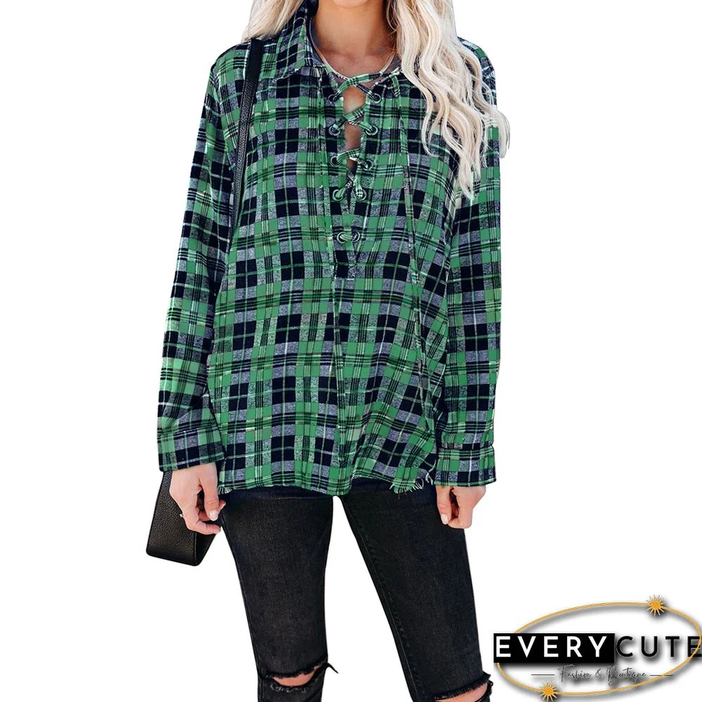 Green Plaid Print Cross Lace Up Long Sleeve Shirt