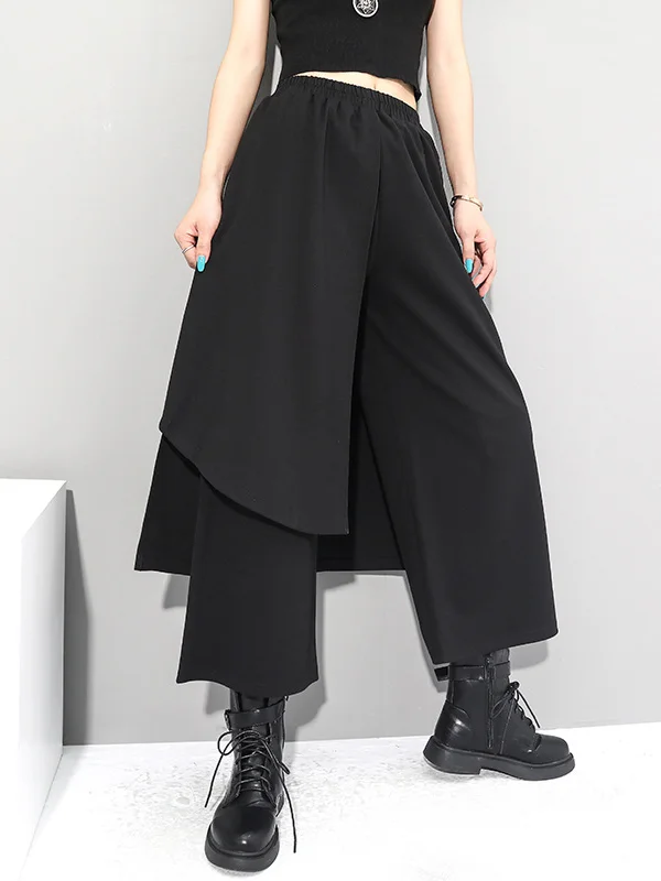 Irregularity Elastic Waist Wide Leg Solid Color Pants