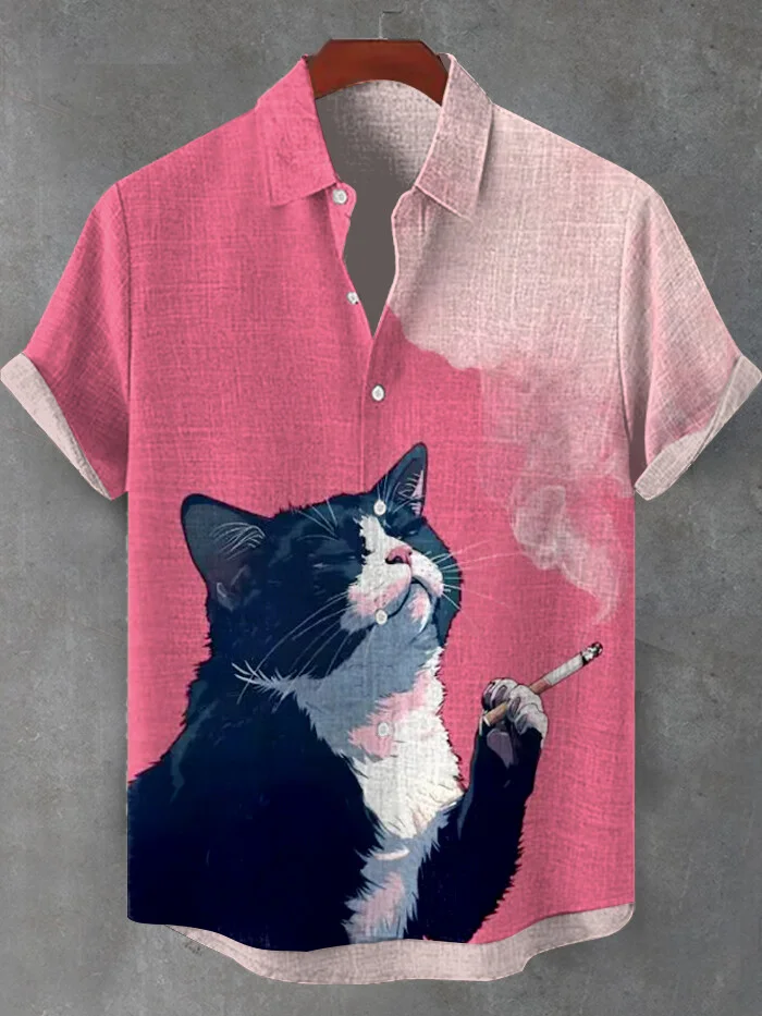 Men's Cat Smoking Art Print Shirt