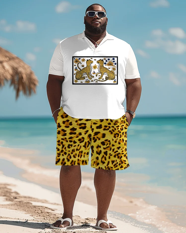 Men's Plus Size Wild Animal Textured Print Polo Shirt Shorts Suit