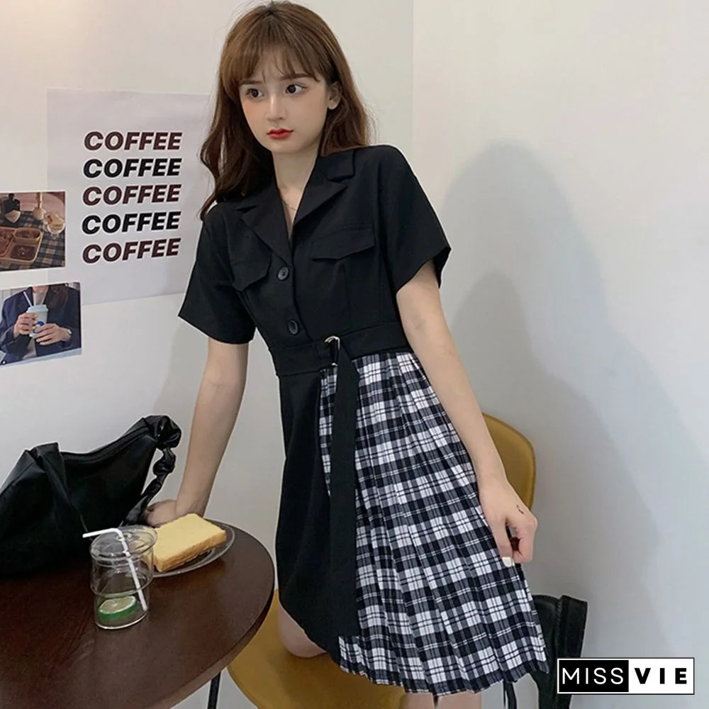 Belted Lapel Lattice Pleated Dress