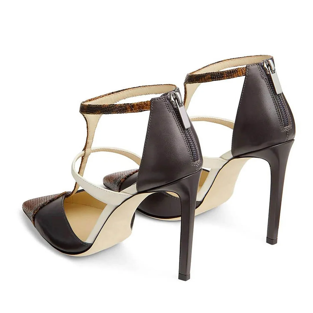 Chic Python Patchwork Pointed Toe T Strap Stiletto Heel Pumps Shoes