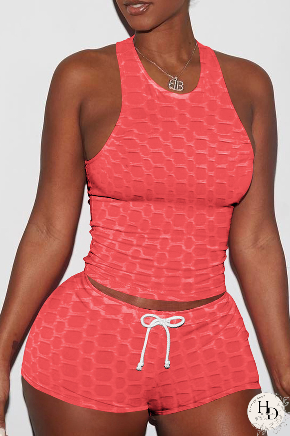 Pink Sexy Solid Backless O Neck Sleeveless Two Pieces