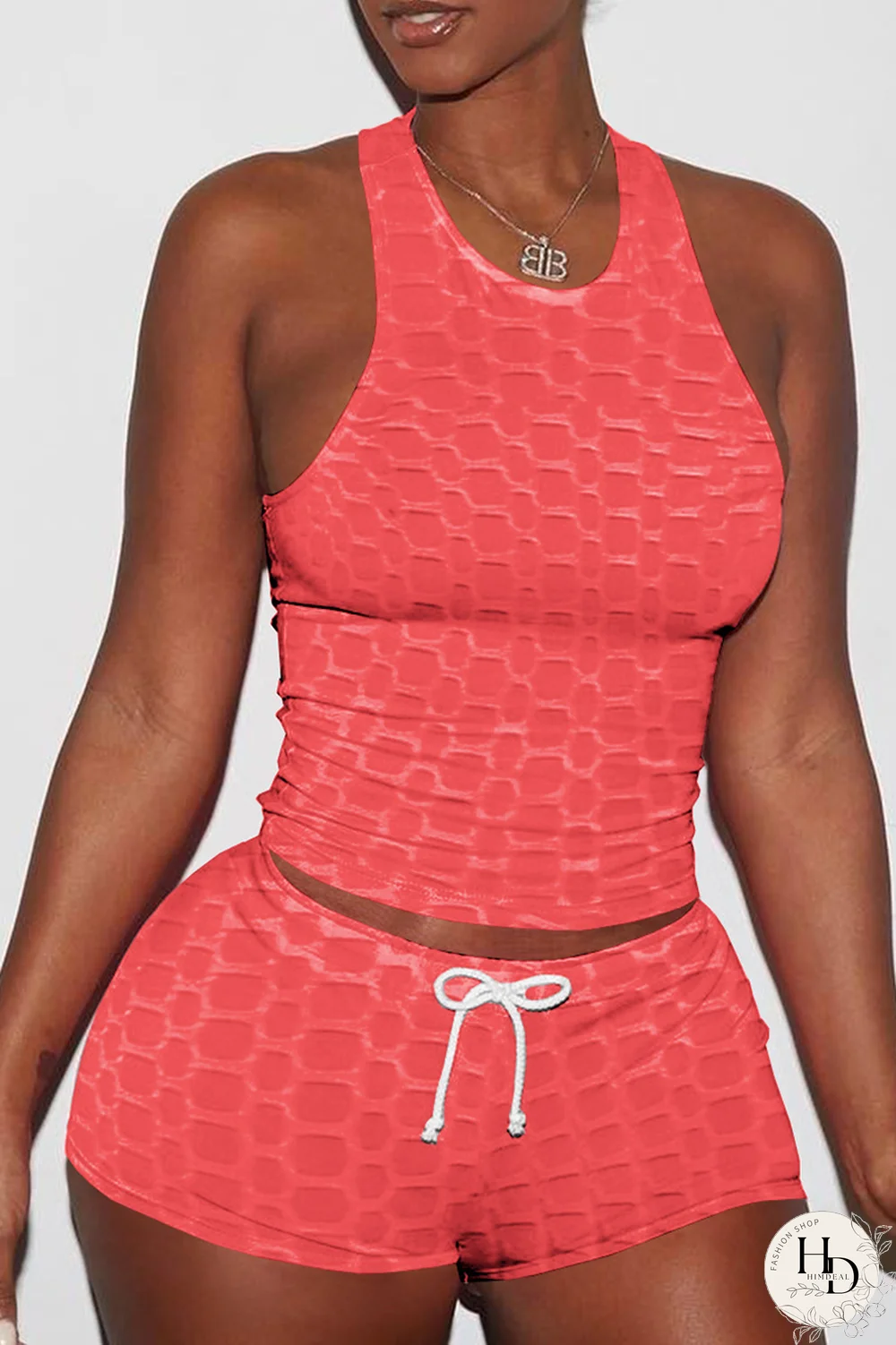 Pink Sexy Solid Backless O Neck Sleeveless Two Pieces