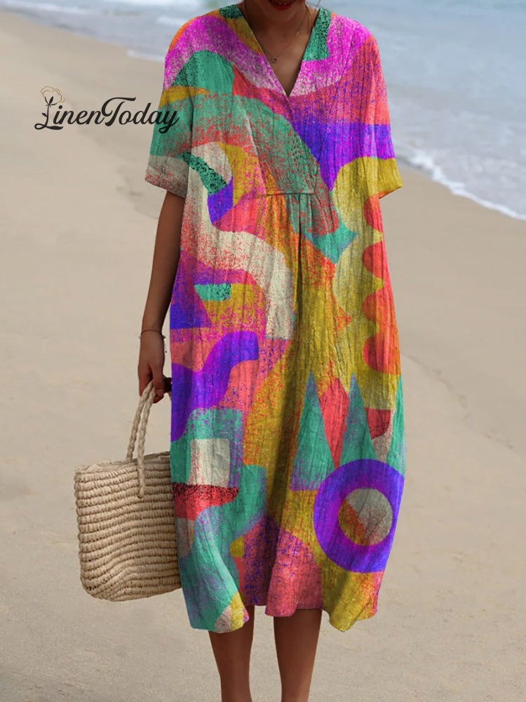 Women’s Vintage Abstract Painting Art Print Flowy Dress Multicolor / S