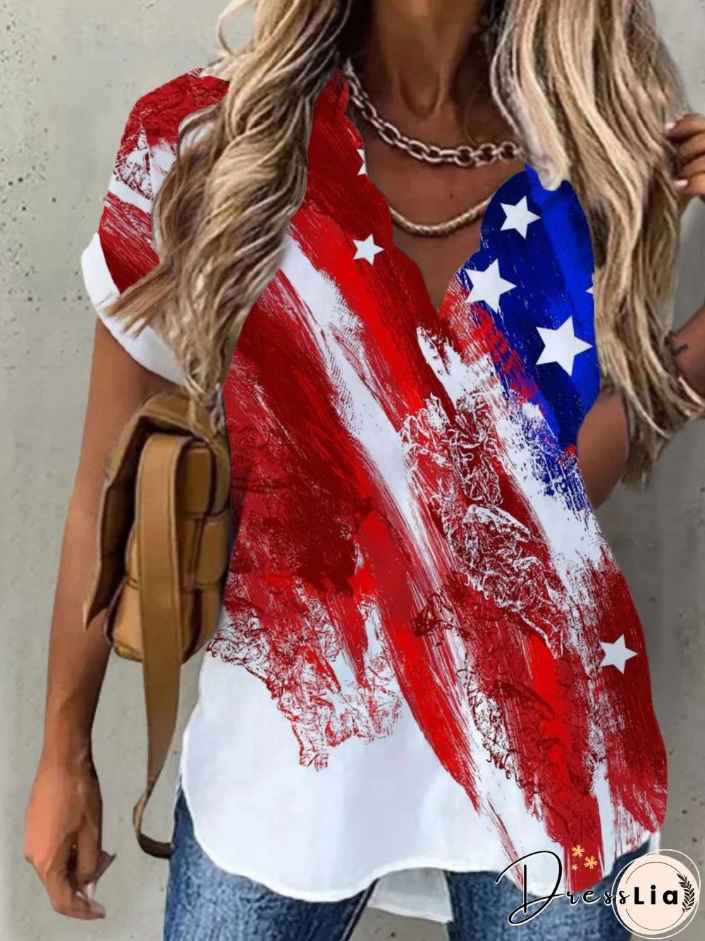 Casual American Flag Short Sleeve V Neck Plus Size Printed Tops