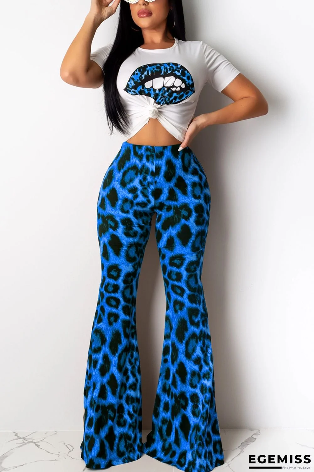 Blue Fashion Sexy Leopard Print Lip Two-Piece Suit | EGEMISS