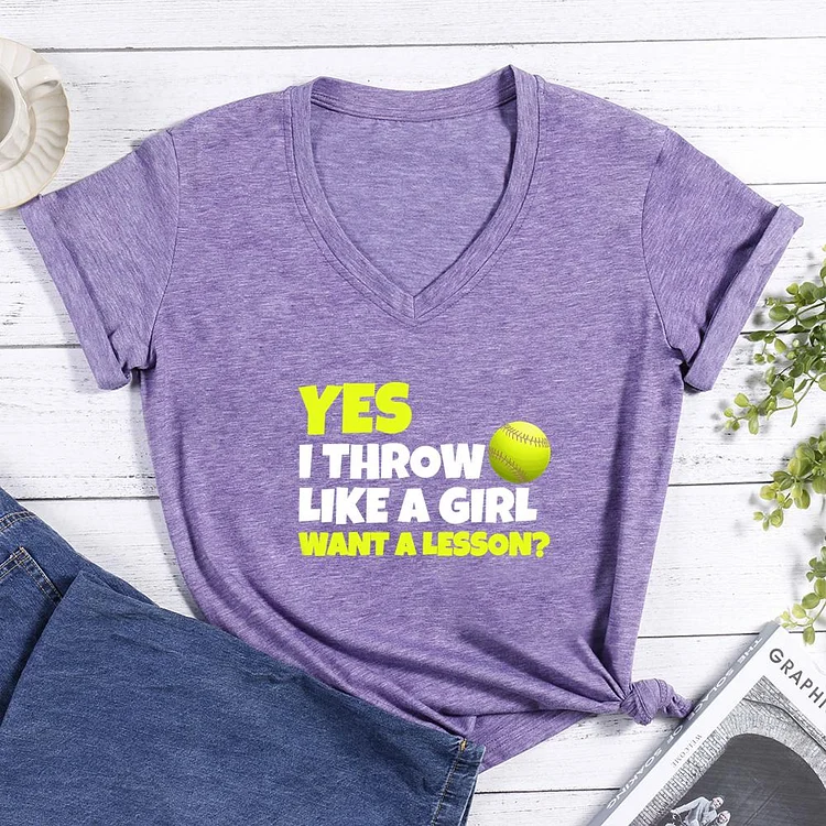 Yes I Throw Like A girl Want A Lesson V-neck T-shirt-0025833