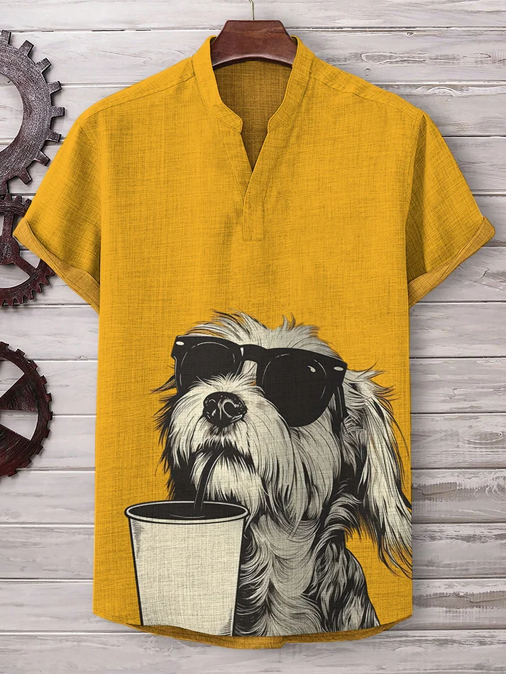 Men's Sunglasses Dog Drinking Print Linen Blend V Neck T-Shirt