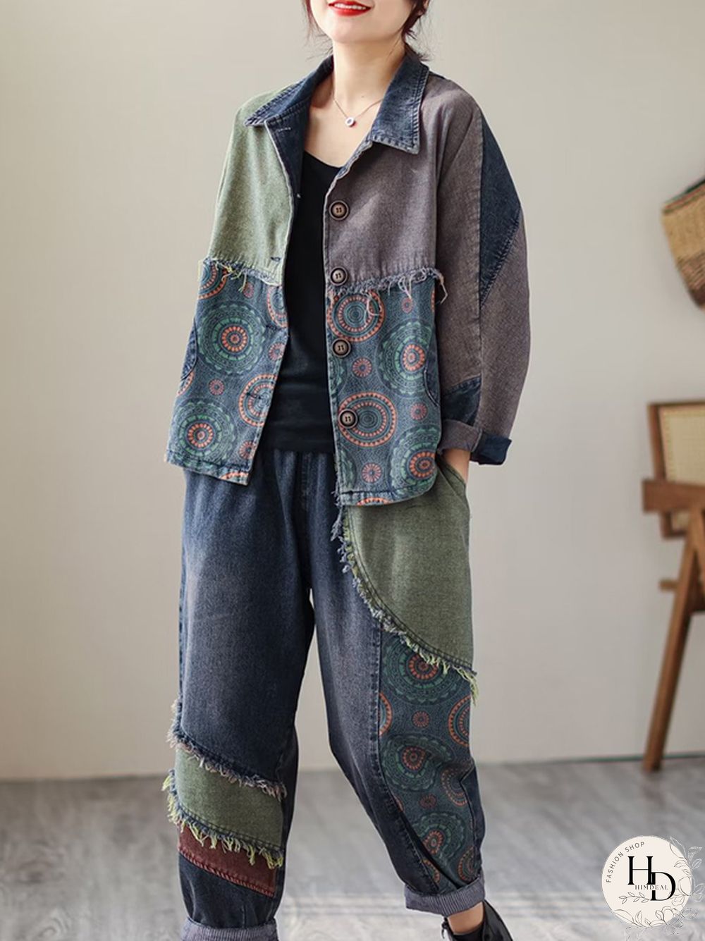 Contrast Color Fringed Split-Joint Long Sleeves Printed Outwear Harem Pants Two Pieces Set