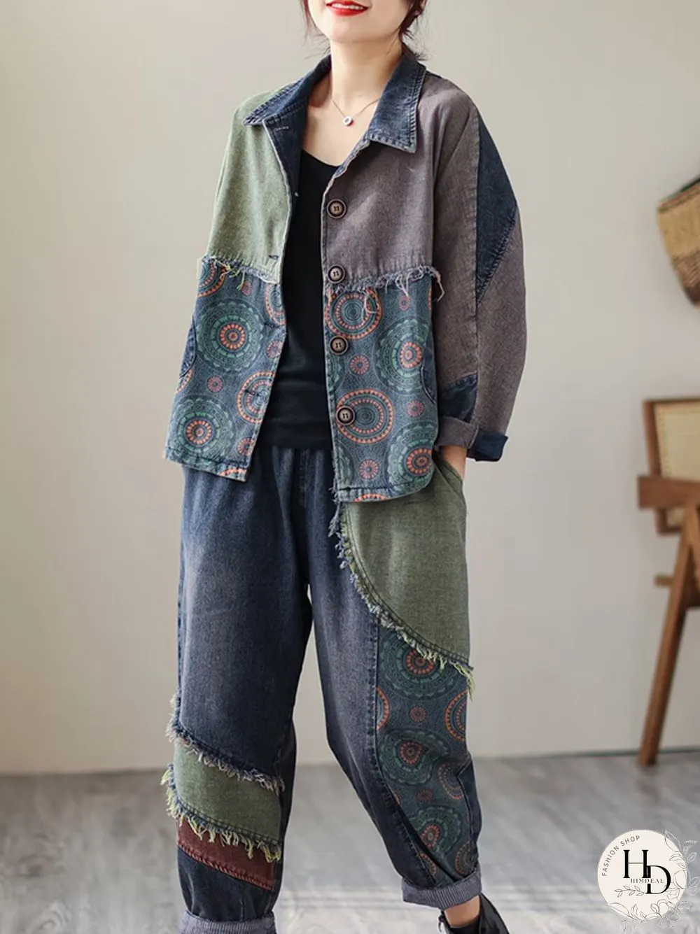 Contrast Color Fringed Split-Joint Long Sleeves Printed Outwear Harem Pants Two Pieces Set