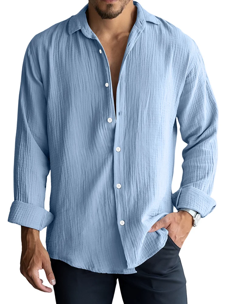 Men's Pleated Solid Lapel Long Sleeve Shirt