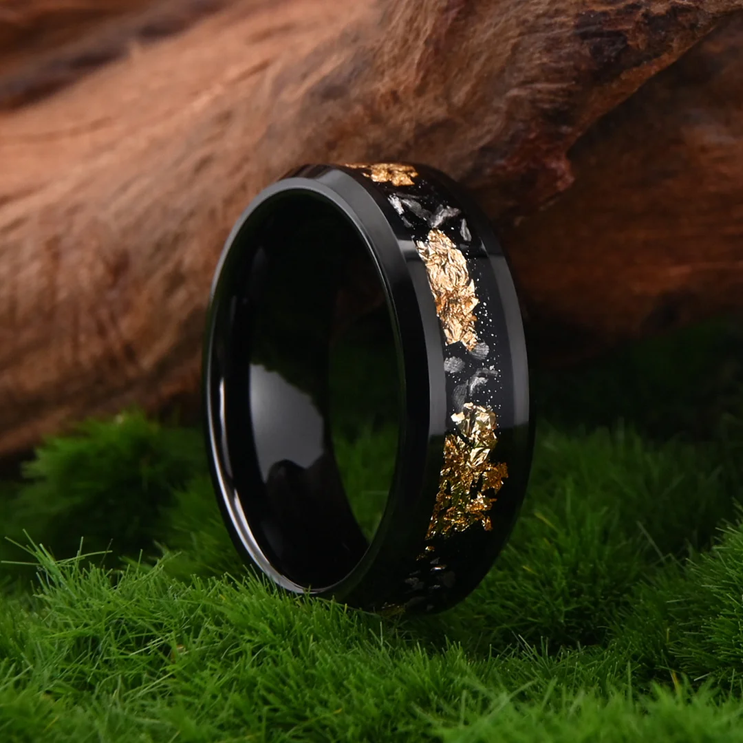 6MM 8MM Black Tungsten Carbide RingInlaid with Gold Foil Couple Rings Mens Womens Wedding Bands Comfort Fit