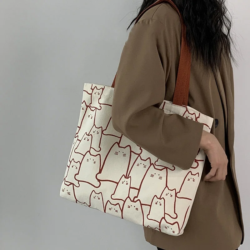 Canvas Bags Handbag for Women 2022 Shopper Cute Cat Tote Bag with Zipper Designer Bag Japanese Style Cartoon Small Shoulder Bags