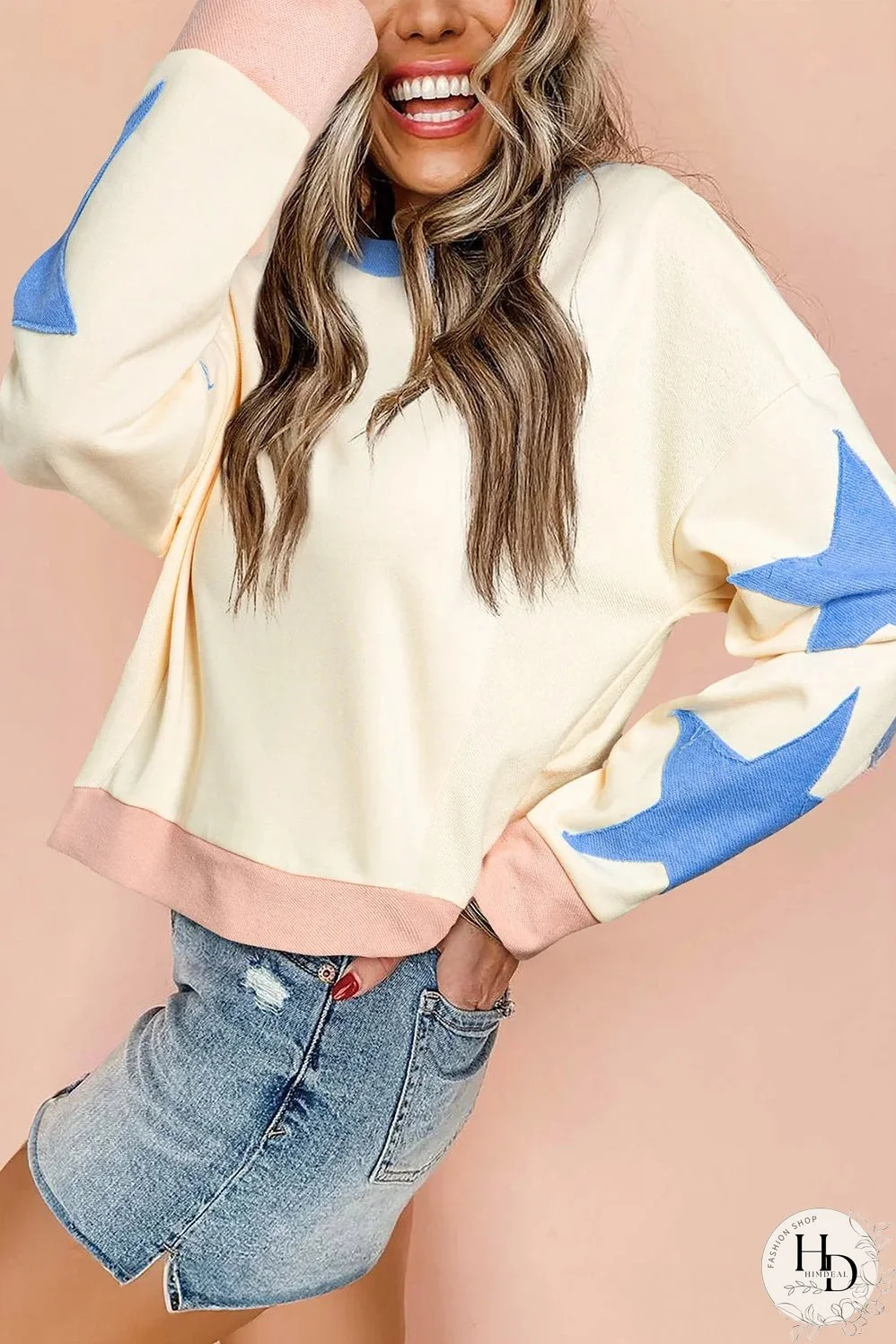 Beige Star Patchwork Exposed Seam Oversized Sweatshirt
