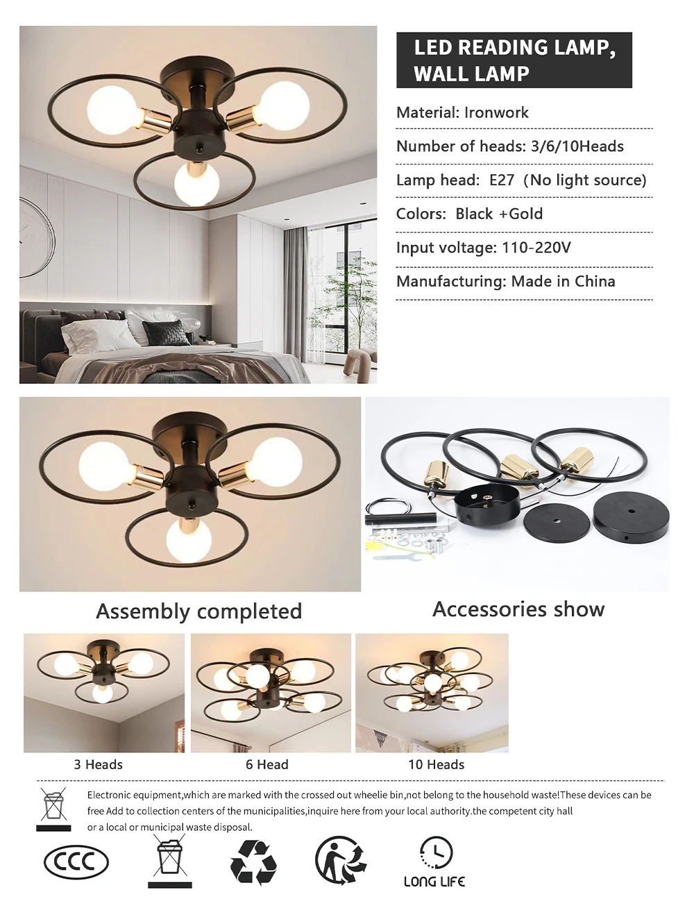 Nordic Pendant Lights Iron Ceiling Lamp Multiple Heads E27 Chandelier Black White Gold Color Lighting Fixture