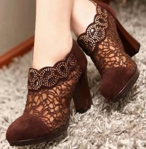 Maroon Lace Chunky Heel Boots Ankle Booties with Rhinestone |FSJ Shoes