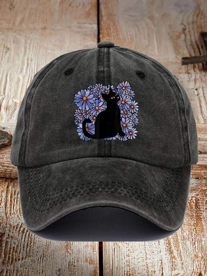 Unisex Floral Black Cat Alzheimer's Awareness Printed Hat