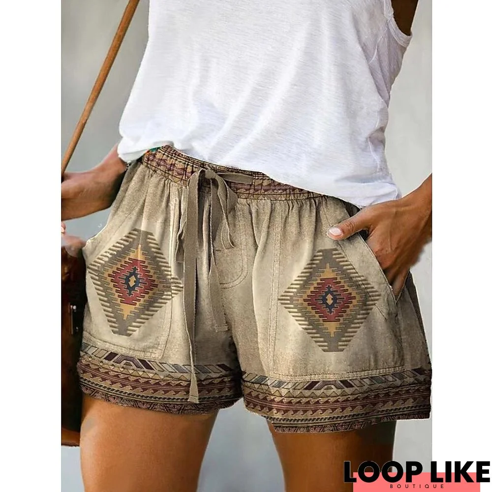 Women's Shorts Khaki Red Beige Mid Waist Ethnic Style Shorts Casual Daily Print Short Breathable Cow S M L XL XXL
