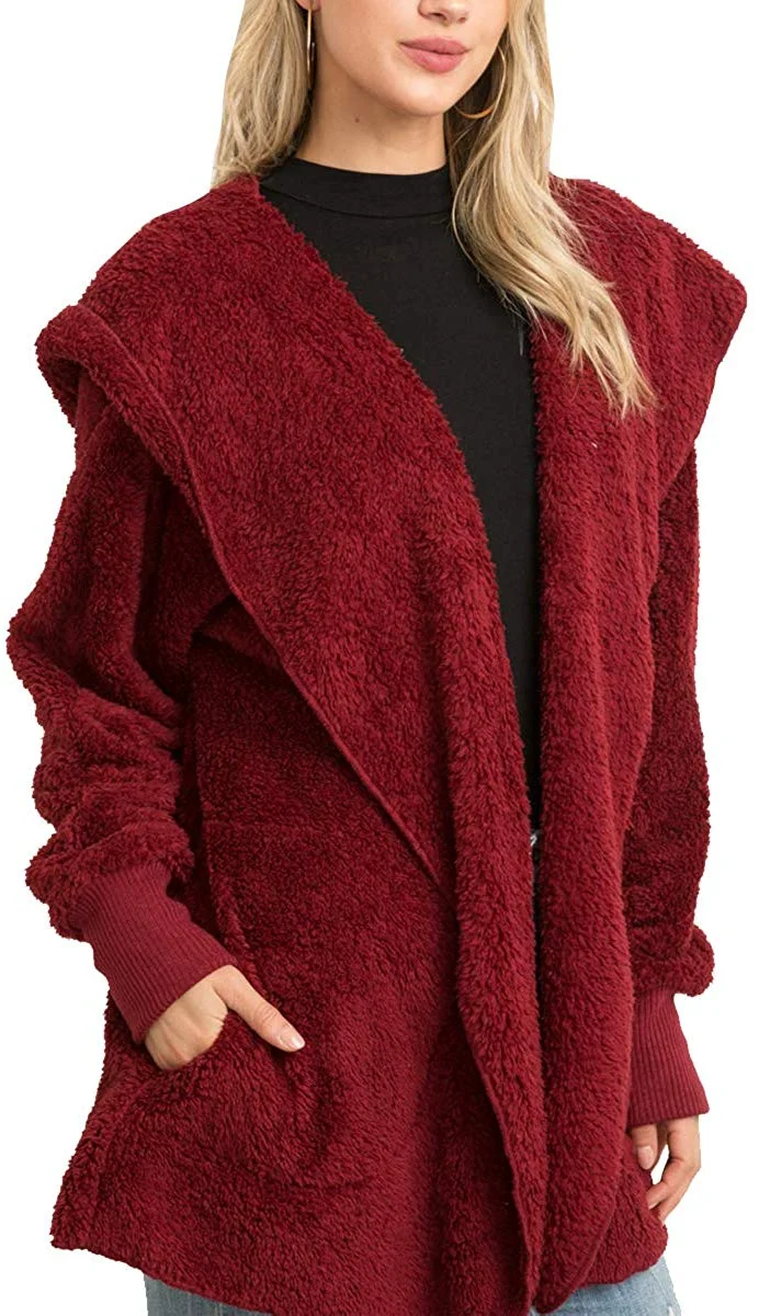Women's Fashion Long Sleeve Hooded Open Front Fluffy Oversized Soft Fur Jacket with Pockets Cozy Warm Winter