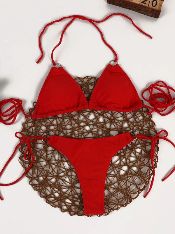 Solid Triangles Bandage Split Bikini Swimsuit