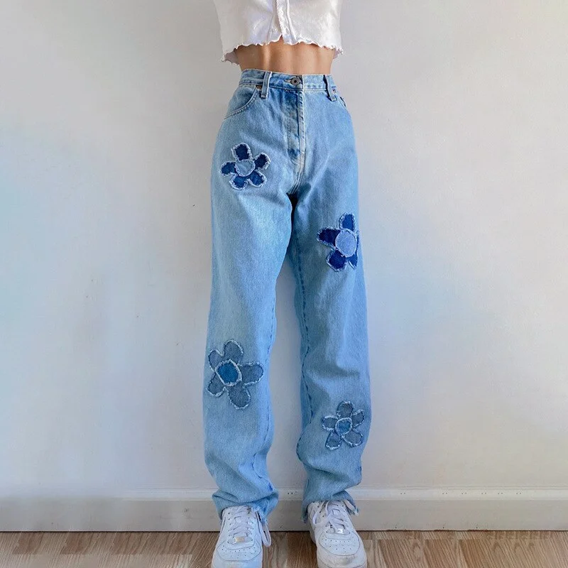 Jangj Hippie Flower Cargo Jeans Women Alt Applique Pants 90s Korean Baggy Jogger Cyber Denim Grunge Fairy Core Trousers Unisex Pants