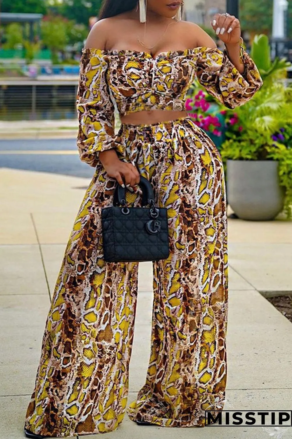 Blue Fashion Casual Print Backless Off the Shoulder Long Sleeve Two Pieces