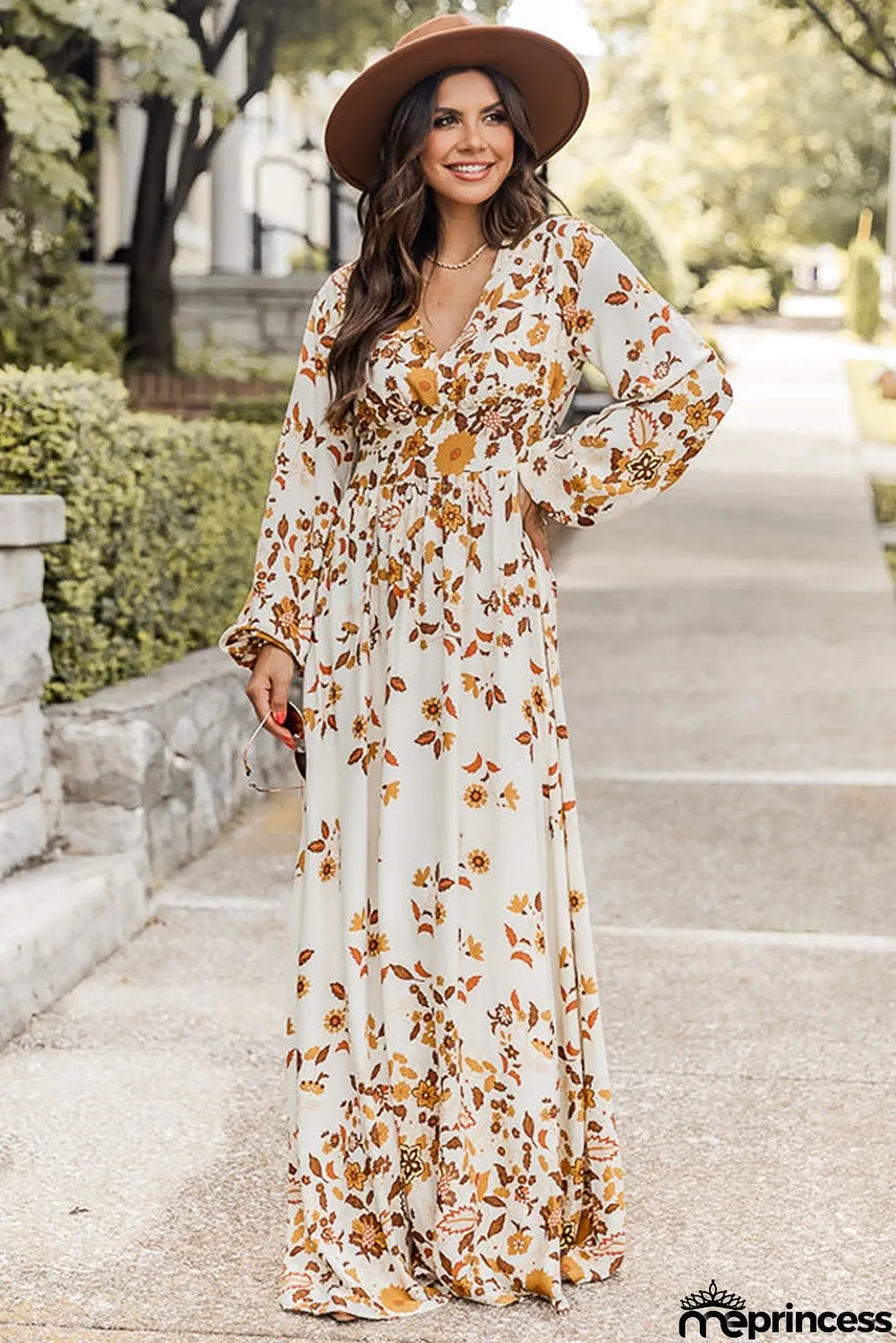 Leaf Print V Neck Puff Sleeve Maxi Dress
