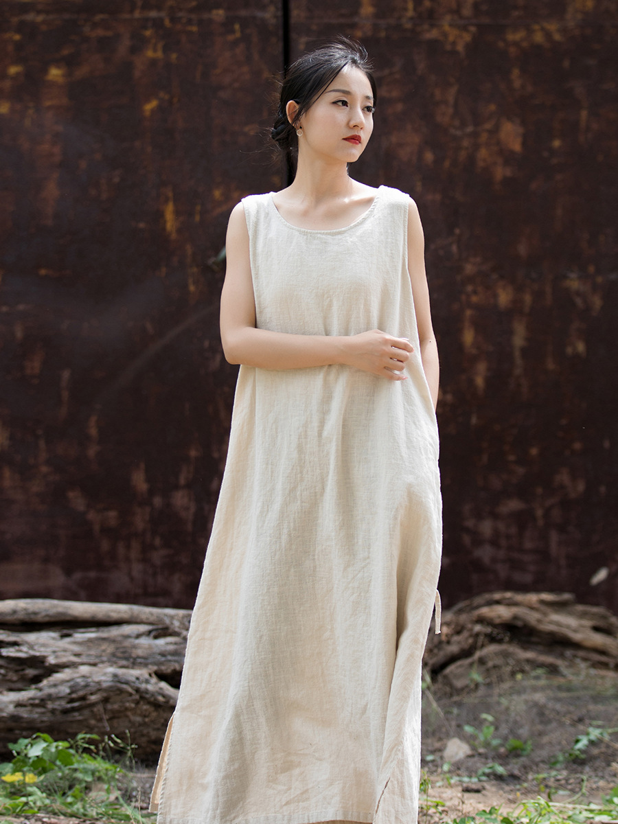Cotton-Linen Ramie Sleeveless Tie-Waist Dress
