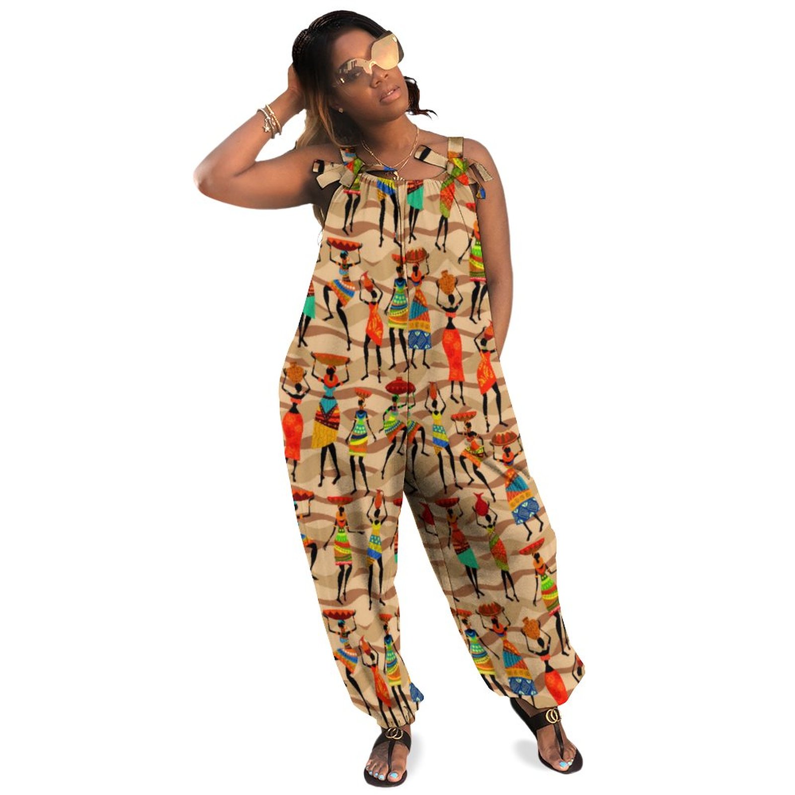 African Tribal Women Pattern Plus Size Women Rompers Summer Casual Loose Army Fatigue Jumpsuit Camo Playsuit Boho Pockets Polyester Spandex