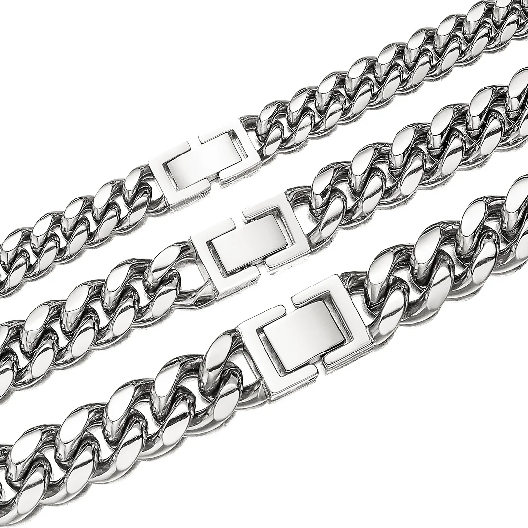 Miami Cuban Link Chain for Men Women Titanium Stainless Steel Curb Chain Necklace, Cool Hip Hop Jewelry Silver Plated Chains, Width 8/10/12/14mm