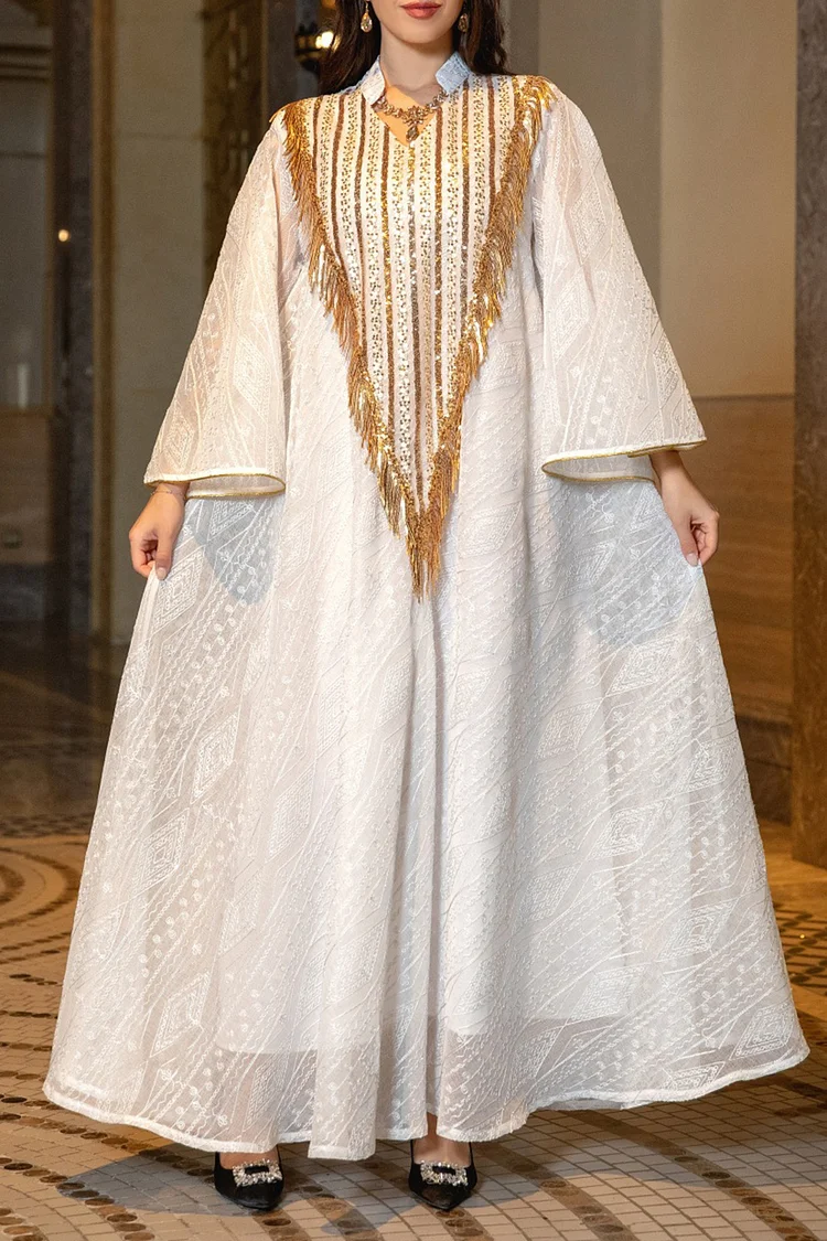 Sequin Fringe Decor Embroidery Stand Collar Kaftan Maxi Dresses