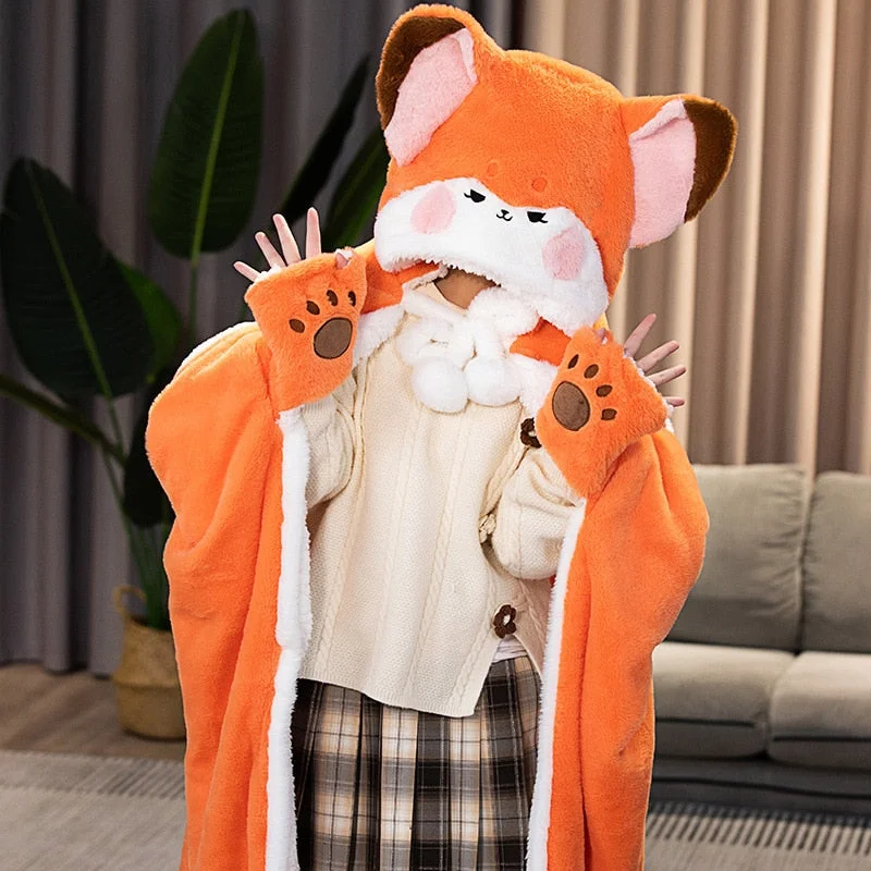  Lovely Orange Fox Plush Cape Hoodie Blanket | NEW