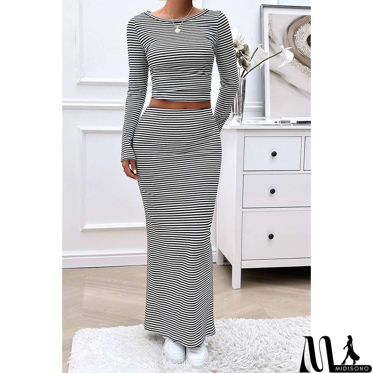 MidiSono - Striped Knitted Crop Top Wrap Hip Long Skirt Set