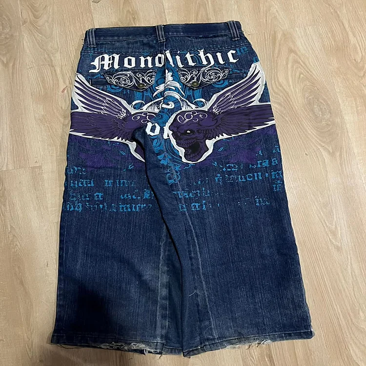 Y2K back pocket skull character print design leg jeans American hip hop casual men women retro ripped fashionable wide leg pants