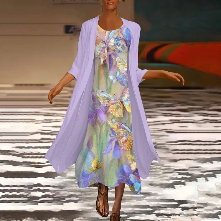 VChics Butterfly Print Cardigan Two Piece Set