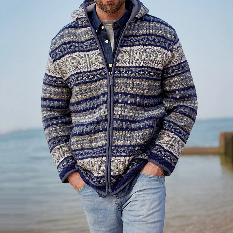 Utbros Mens Vintage Fair Isle Knitted Hooded Cardigan
