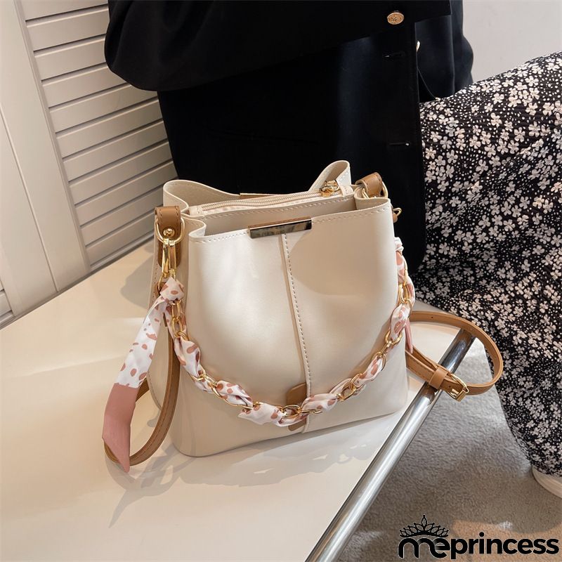 Women Fashionable Solid Color Large Capacity Silk Scarf Bucket Crossbody Bag