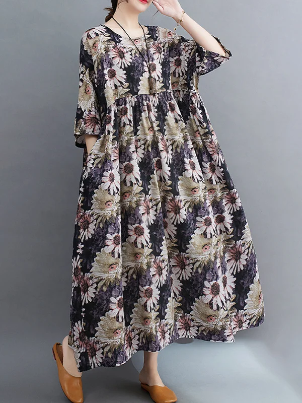 Loose Raglan Sleeve Floral Printed Pleated Split-Joint Round-Neck Midi Dresses