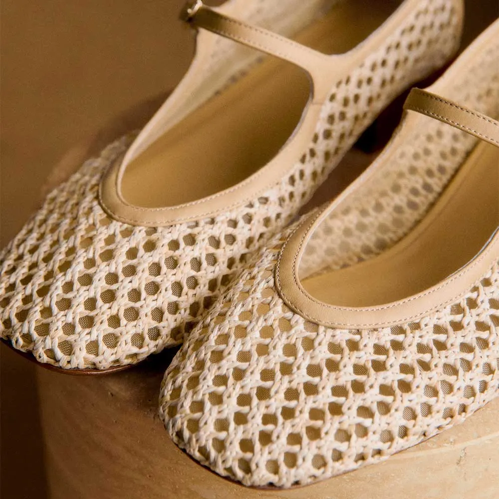 Women's Beige Closed Square Toe Woven Mary Jane Flats with Buckle