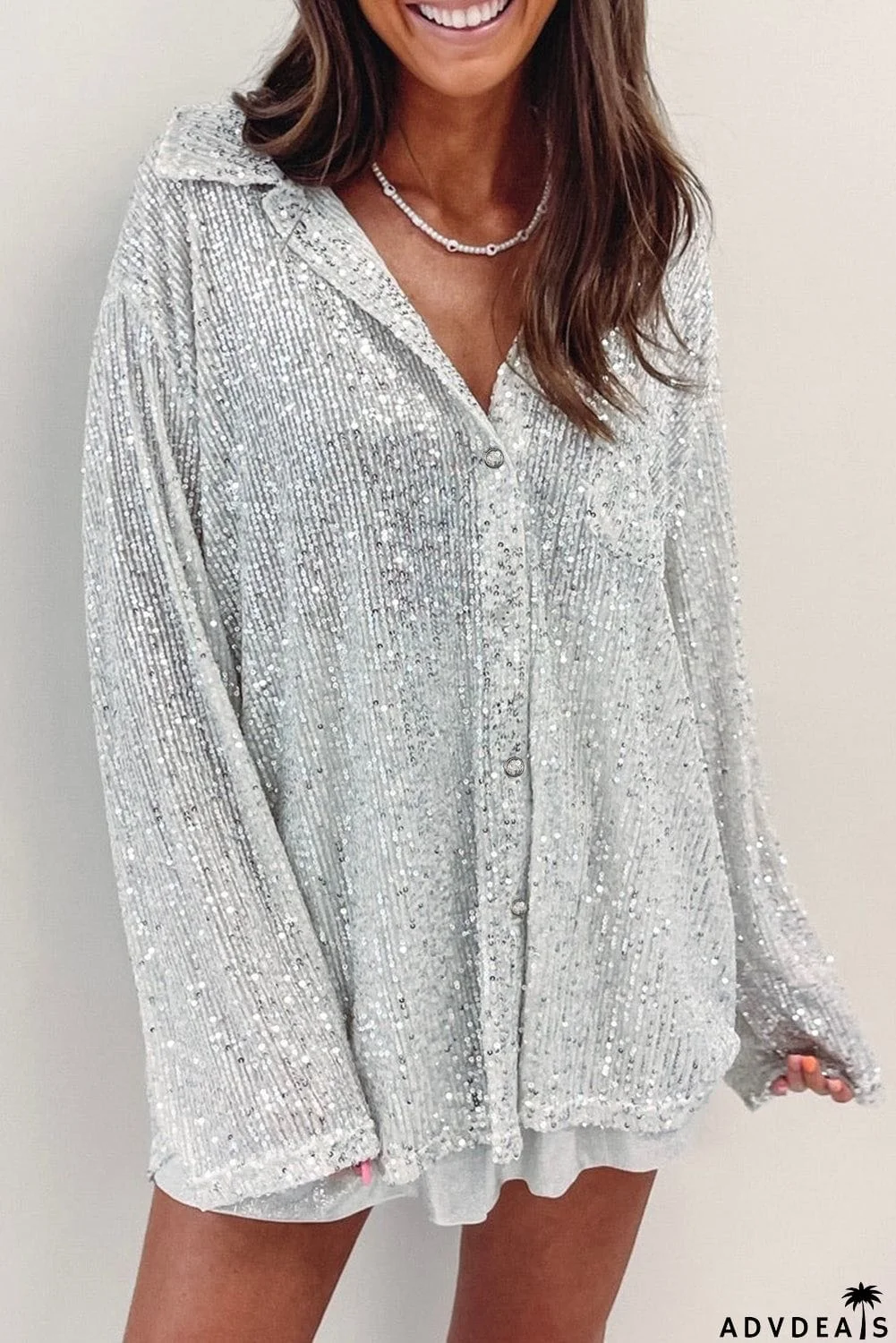 Silver Sequin Pocketed Loose Shirt