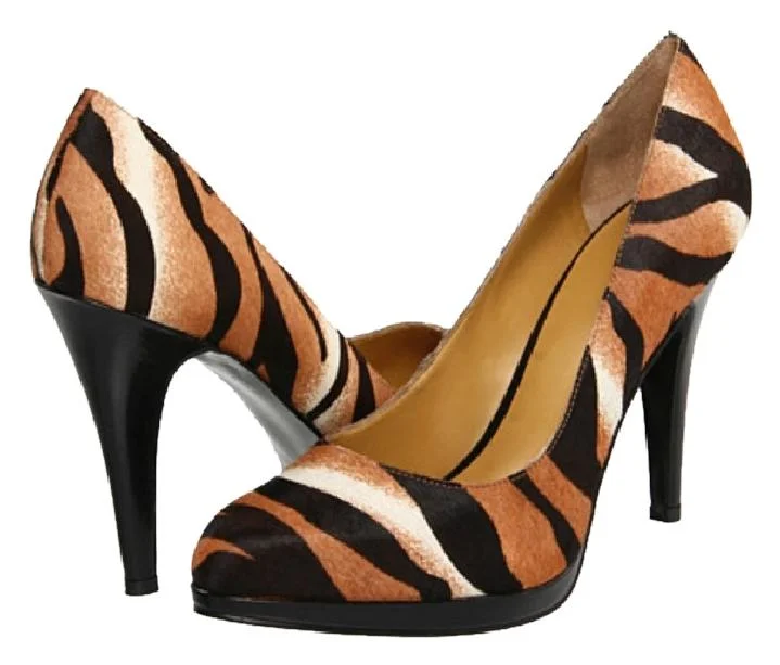 Black and Brown Tiger Print Office Heels Almond Toe Pencil Heels Pumps |FSJ Shoes